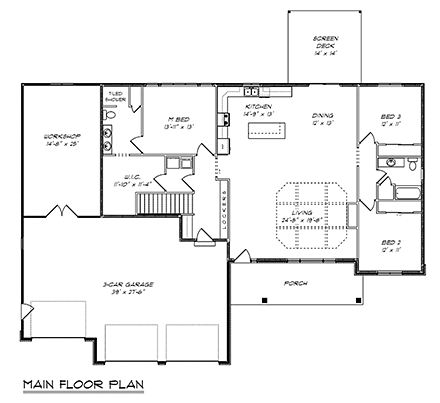 Craftsman, Ranch, Traditional House Plan 50910 with 3 Beds, 2 Baths, 3 Car Garage First Level Plan