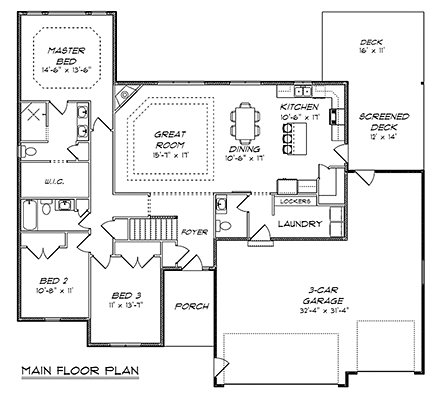 Ranch, Traditional House Plan 50912 with 3 Beds, 3 Baths, 3 Car Garage First Level Plan