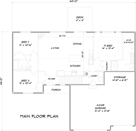Craftsman, Ranch, Traditional House Plan 50914 with 3 Beds, 2 Baths, 3 Car Garage First Level Plan