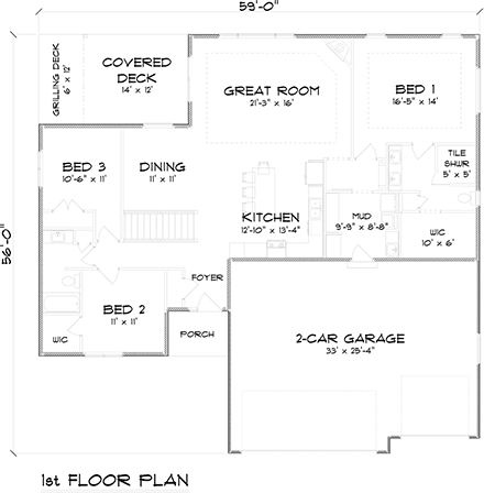 Ranch, Traditional House Plan 50917 with 3 Beds, 2 Baths, 2 Car Garage First Level Plan