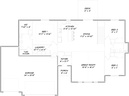 Ranch House Plan 50918 with 3 Beds, 2 Baths, 3 Car Garage First Level Plan