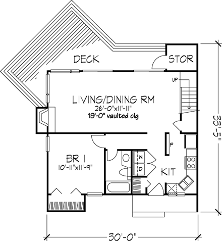 A-Frame House Plan 51028 with 2 Beds, 2 Baths First Level Plan