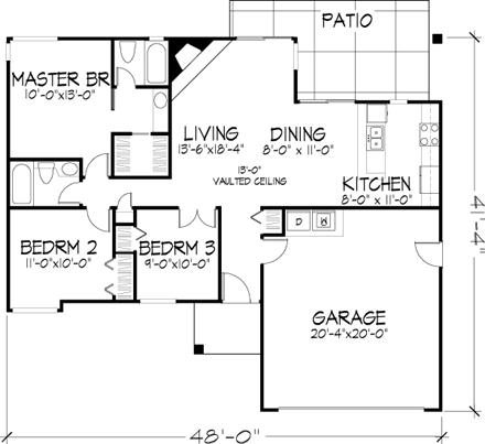 One-Story House Plan 51030 with 2 Beds, 2 Baths, 2 Car Garage First Level Plan
