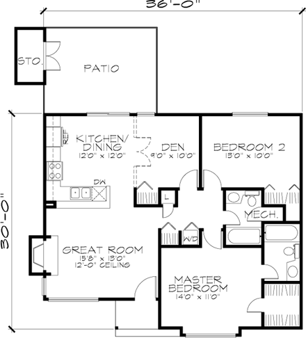 House Plan 51031 with 2 Beds, 2 Baths First Level Plan