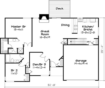 One-Story House Plan 51034 with 2 Beds, 2 Baths, 2 Car Garage First Level Plan