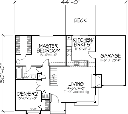 One-Story House Plan 51036 with 1 Beds, 1 Baths, 1 Car Garage First Level Plan
