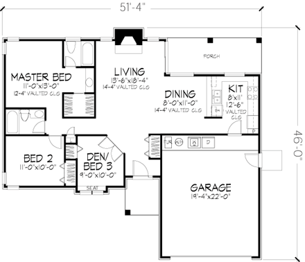 One-Story House Plan 51051 with 2 Beds, 2 Baths, 2 Car Garage First Level Plan