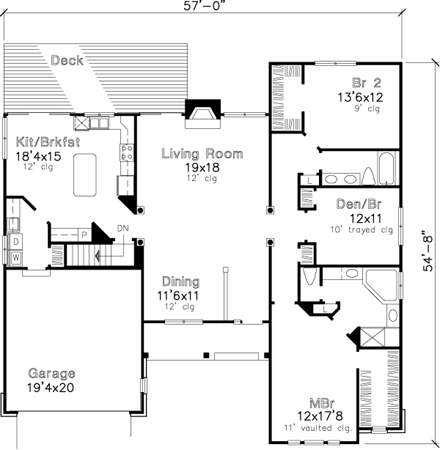 Country, One-Story House Plan 51126 with 2 Beds, 2 Baths, 2 Car Garage First Level Plan