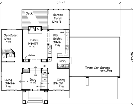 European House Plan 51129 with 4 Beds, 3 Baths, 3 Car Garage First Level Plan