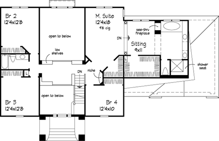 European House Plan 51129 with 4 Beds, 3 Baths, 3 Car Garage Second Level Plan
