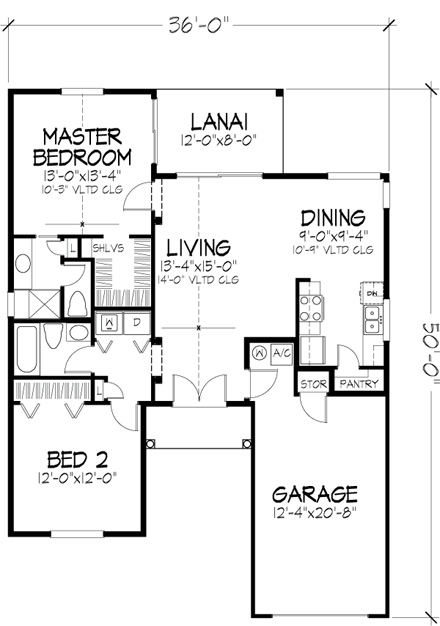 Narrow Lot, One-Story, Southwest House Plan 51151 with 2 Beds, 2 Baths, 1 Car Garage First Level Plan