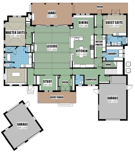 Coastal, Country, Craftsman, Florida, Ranch, Southern House Plan 51203 with 4 Beds, 5 Baths, 2 Car Garage First Level Plan