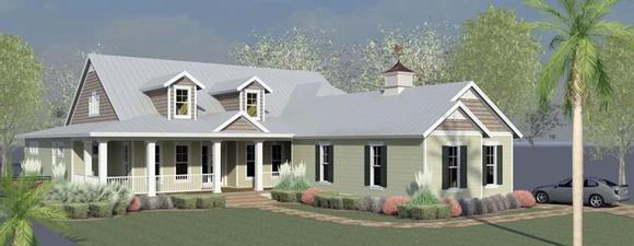 Coastal, Cottage, Country, Craftsman, Farmhouse, Florida, Ranch, Southern, Traditional House Plan 51205 with 3 Beds, 4 Baths, 4 Car Garage Elevation