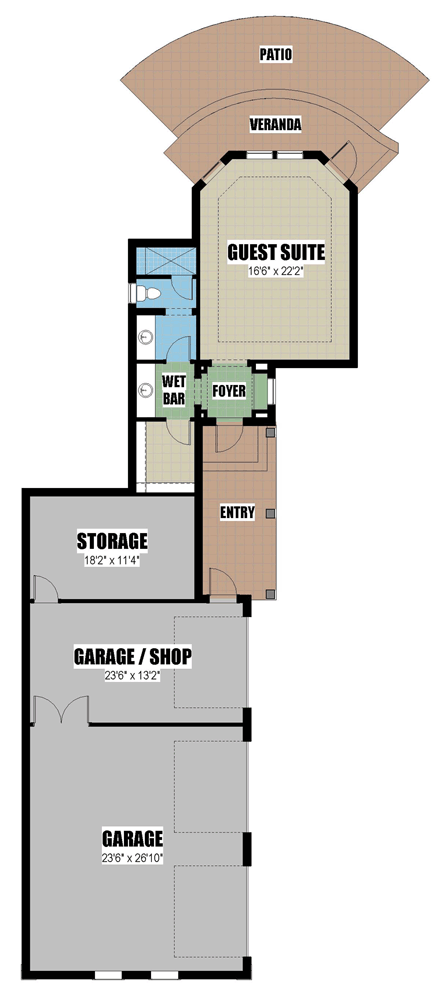 Bungalow, Florida, Southern, Southwest 3 Car Garage Apartment Plan 51223 with 1 Beds, 1 Baths First Level Plan
