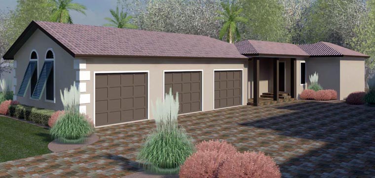 Bungalow, Florida, Southern, Southwest 3 Car Garage Apartment Plan 51223 with 1 Beds, 1 Baths Elevation