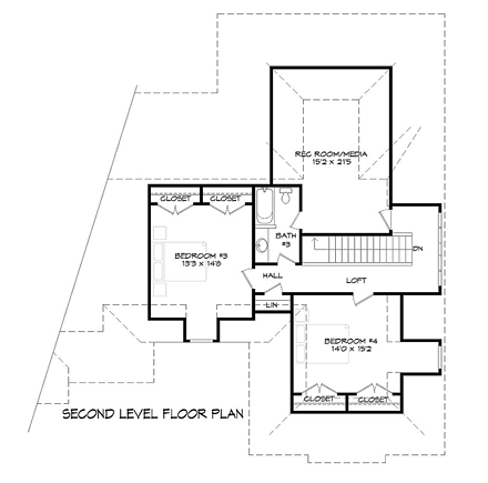 European, Tudor House Plan 51416 with 4 Beds, 4 Baths, 2 Car Garage Second Level Plan