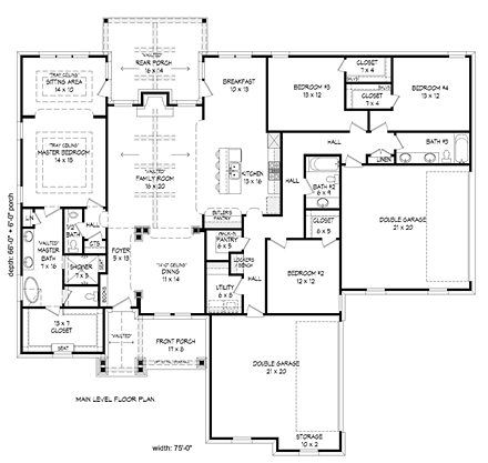Craftsman House Plan 51417 with 4 Beds, 3 Baths, 4 Car Garage First Level Plan