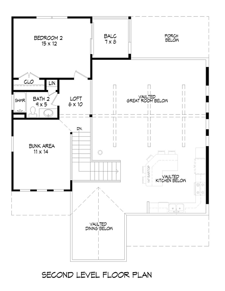 Cabin, Cottage, Country, Southern House Plan 51421 with 2 Beds, 2 Baths Second Level Plan