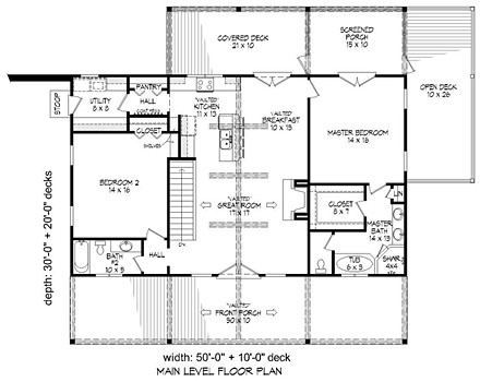 Country, Craftsman, Ranch, Traditional House Plan 51422 with 2 Beds, 2 Baths First Level Plan