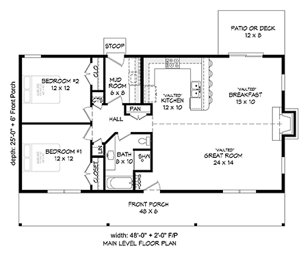 Cabin, Ranch House Plan 51429 with 2 Beds, 1 Baths First Level Plan