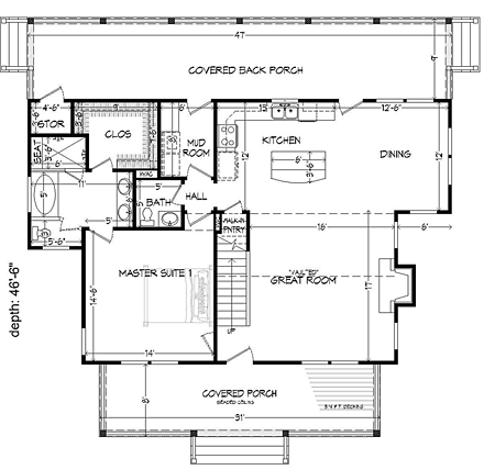Country, Southern House Plan 51437 with 3 Beds, 3 Baths First Level Plan
