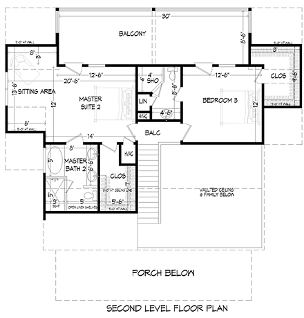 Country, Southern House Plan 51437 with 3 Beds, 3 Baths Second Level Plan