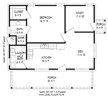 Ranch House Plan 51452 with 1 Beds, 2 Baths First Level Plan