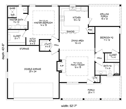 Ranch, Traditional House Plan 51455 with 2 Beds, 2 Baths, 2 Car Garage First Level Plan