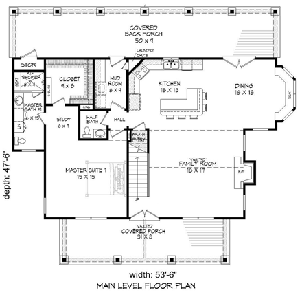 Cottage, Country, Southern, Traditional House Plan 51457 with 3 Beds, 4 Baths First Level Plan