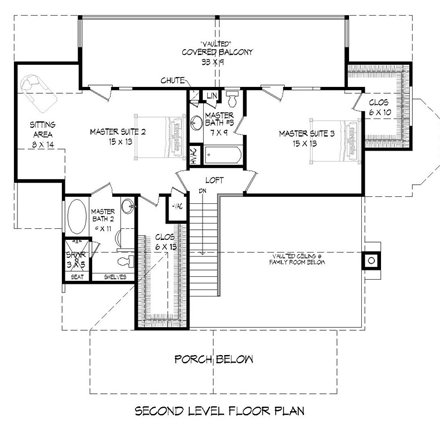Cottage, Country, Southern, Traditional House Plan 51457 with 3 Beds, 4 Baths Second Level Plan