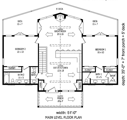 Cabin, Country House Plan 51460 with 3 Beds, 4 Baths, 1 Car Garage First Level Plan