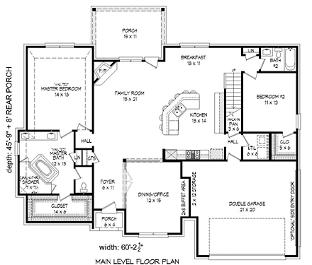 European House Plan 51461 with 4 Beds, 3 Baths, 2 Car Garage First Level Plan
