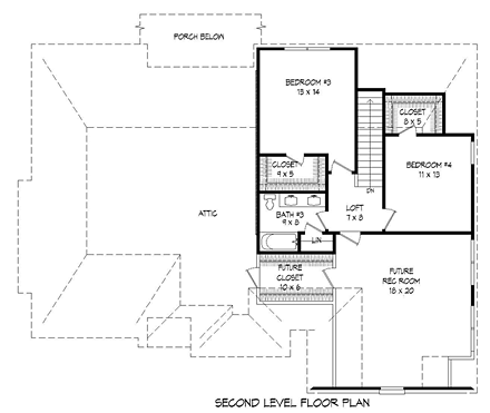 European House Plan 51461 with 4 Beds, 3 Baths, 2 Car Garage Second Level Plan