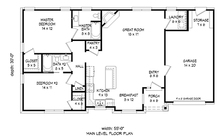 Country, Craftsman, Traditional House Plan 51470 with 2 Beds, 2 Baths, 1 Car Garage First Level Plan