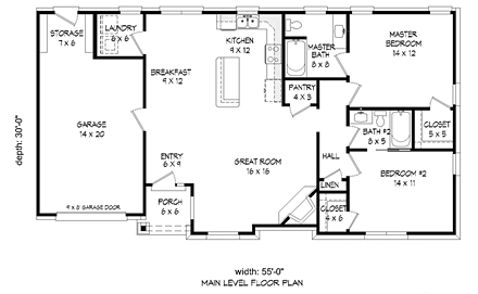 Cottage, Country, Craftsman, Traditional House Plan 51474 with 2 Beds, 2 Baths, 1 Car Garage First Level Plan