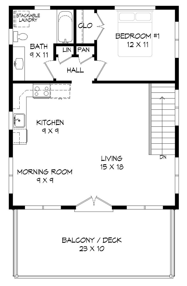 Contemporary, Modern Garage-Living Plan 51479 with 1 Beds, 1 Baths, 2 Car Garage Level Two