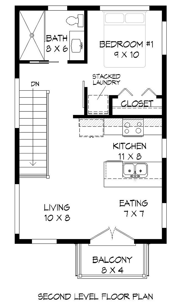 Modern Garage-Living Plan 51488 with 1 Beds, 1 Baths, 1 Car Garage Level Two