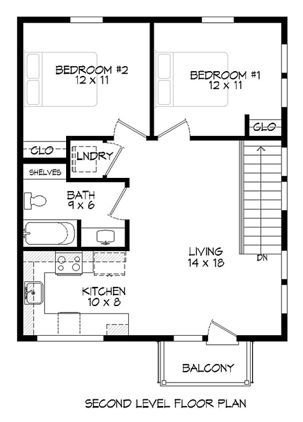Contemporary, Modern Garage-Living Plan 51493 with 2 Beds, 1 Baths, 2 Car Garage Second Level Plan
