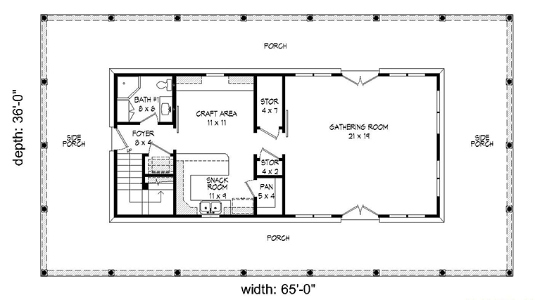 Country, Southern, Traditional House Plan 51511 with 1 Beds, 2 Baths Level One