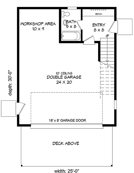 Contemporary, Modern Garage-Living Plan 51521 with 1 Beds, 2 Baths, 2 Car Garage First Level Plan