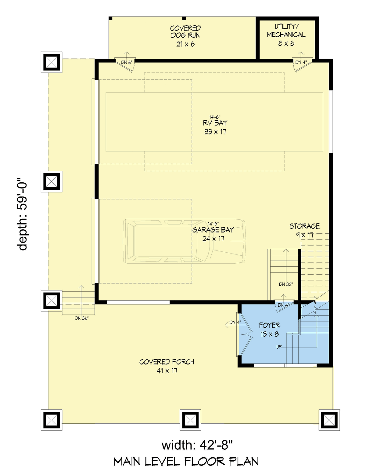 Contemporary, Modern Garage-Living Plan 51522 with 1 Beds, 1 Baths, 2 Car Garage Level One