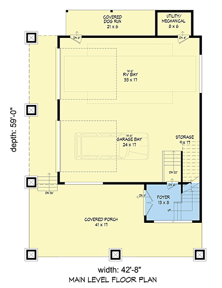 Contemporary, Modern Garage-Living Plan 51522 with 1 Beds, 1 Baths, 2 Car Garage First Level Plan