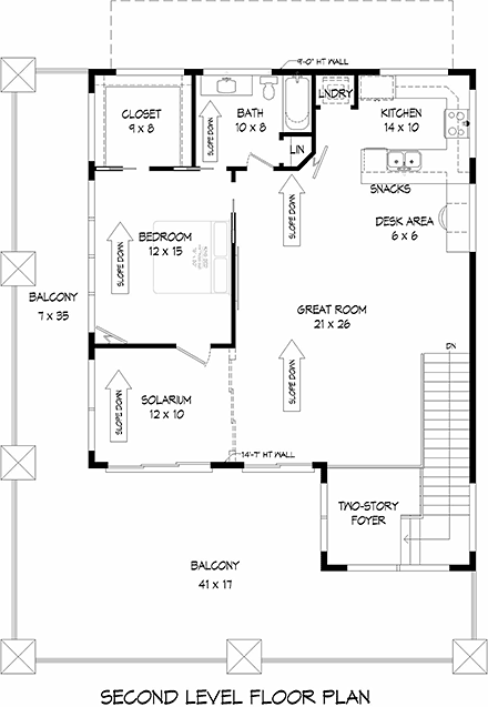 Contemporary, Modern Garage-Living Plan 51522 with 1 Beds, 1 Baths, 2 Car Garage Second Level Plan