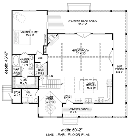 Cabin, Country, Southern, Traditional House Plan 51542 with 3 Beds, 3 Baths First Level Plan