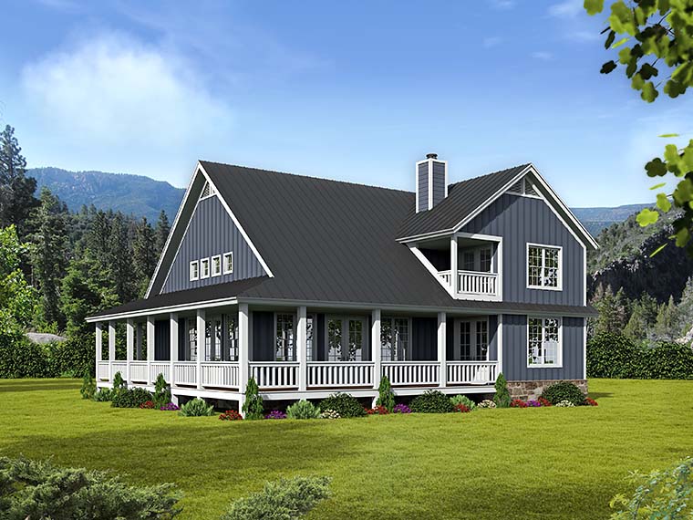 Cabin, Country, Southern, Traditional Plan with 2095 Sq. Ft., 3 Bedrooms, 3 Bathrooms Rear Elevation