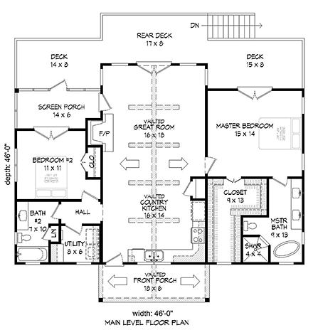 Cabin, Contemporary, Southern, Traditional House Plan 51547 with 2 Beds, 2 Baths First Level Plan
