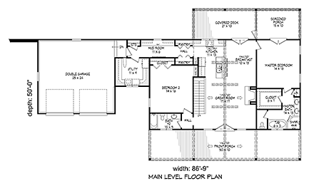 Contemporary, Country House Plan 51552 with 2 Beds, 2 Baths, 2 Car Garage First Level Plan