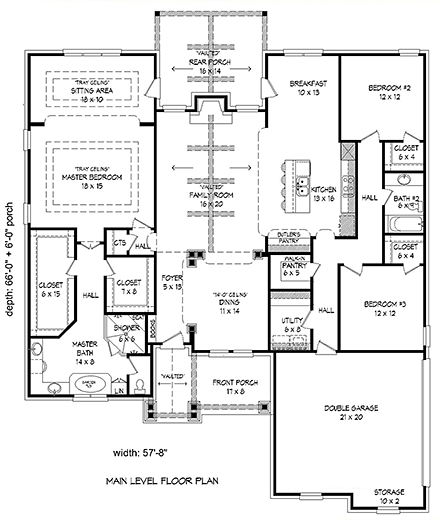 Cottage, Country, Craftsman House Plan 51556 with 3 Beds, 2 Baths, 2 Car Garage First Level Plan