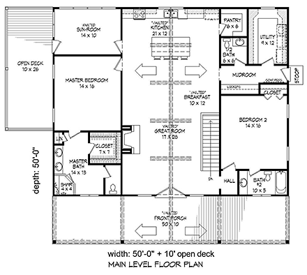 Contemporary, Country, Southern, Traditional House Plan 51567 with 2 Beds, 3 Baths First Level Plan