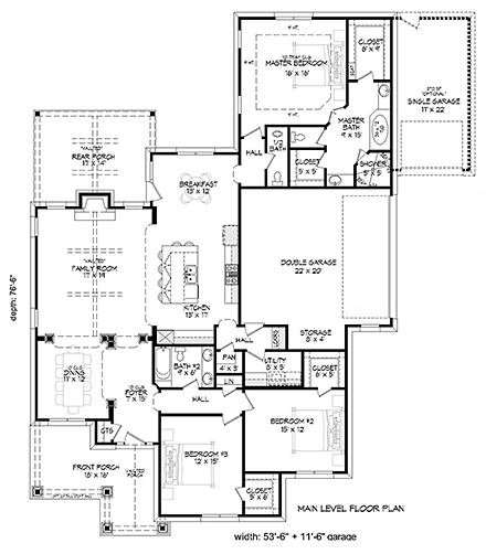 Bungalow, Cottage, Country, Craftsman, Southern House Plan 51568 with 3 Beds, 3 Baths, 3 Car Garage First Level Plan